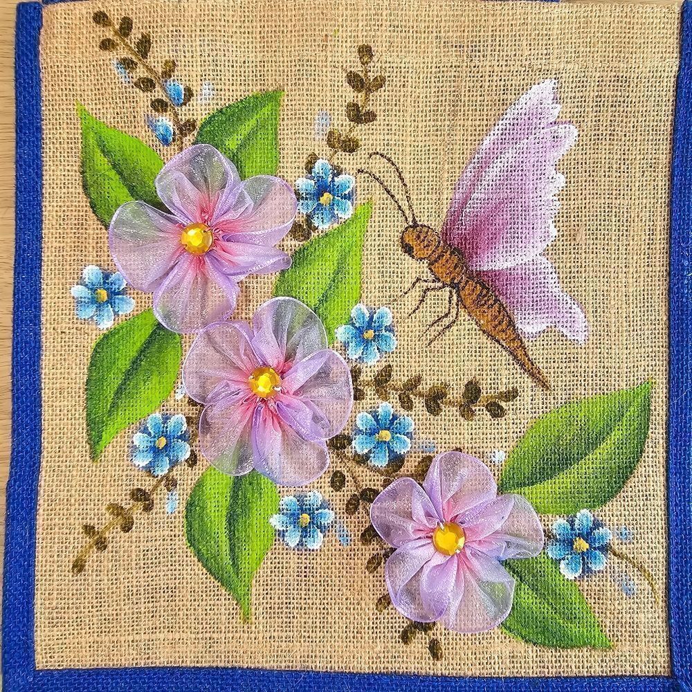 Hand-Made Tote Bag Jute Craft-Fabric Ribbon Flowers Hand Painted Butterfly Gift - Picture 4 of 7